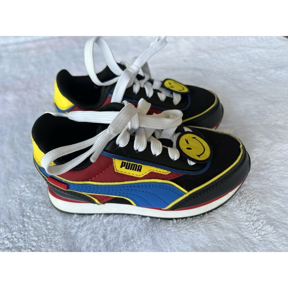 Puma Future Rider Smiley World Sneakers, Black Multi Color Tennis Shoes, Kids 11